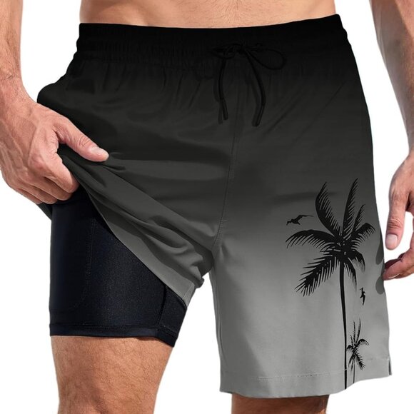 Men Swim Trunks with Compresssion Liner 7 Inch Inseam Board Shorts Bathing Suit - Picture 1 of 6